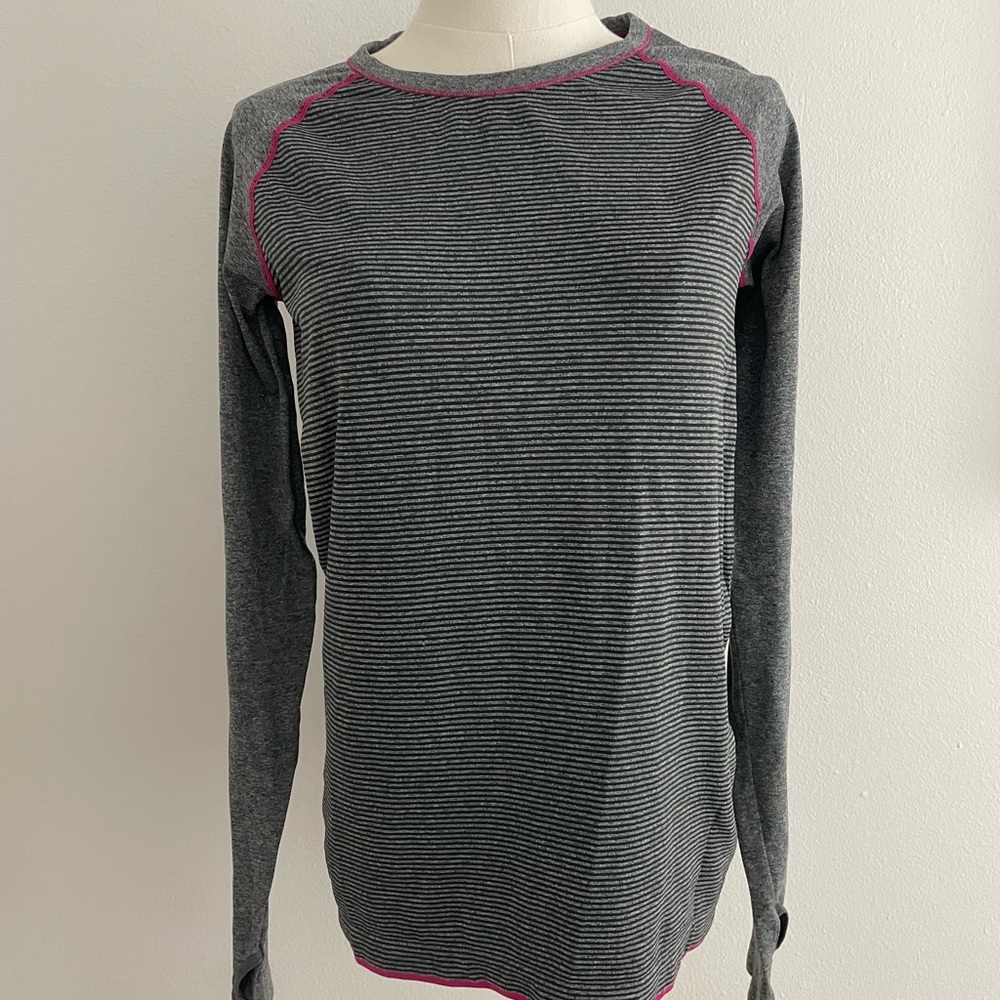 Dangling Athletic Base Layer Gray and Pink Striped Women's Top